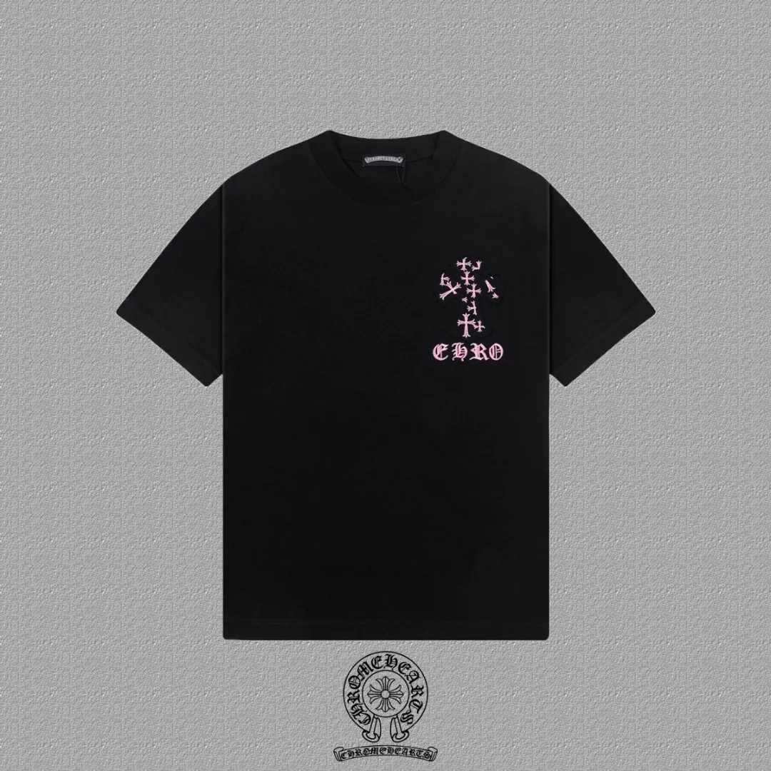 🅿️200 [CH Crow Heart] 2025FW short-sleeved T-shirt, patch embroidery, high-end 26s double yarn 300g fabric, heavy fabric, custom stretcher rib, same cylinder and dye, complete three standards, same style for men and women, color: black, white, size: S M L XL 2XL
